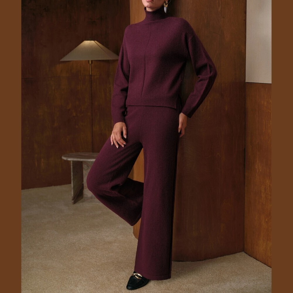 Burgundy Knit High Mock Neck Sweater and Wide Leg Pants Set